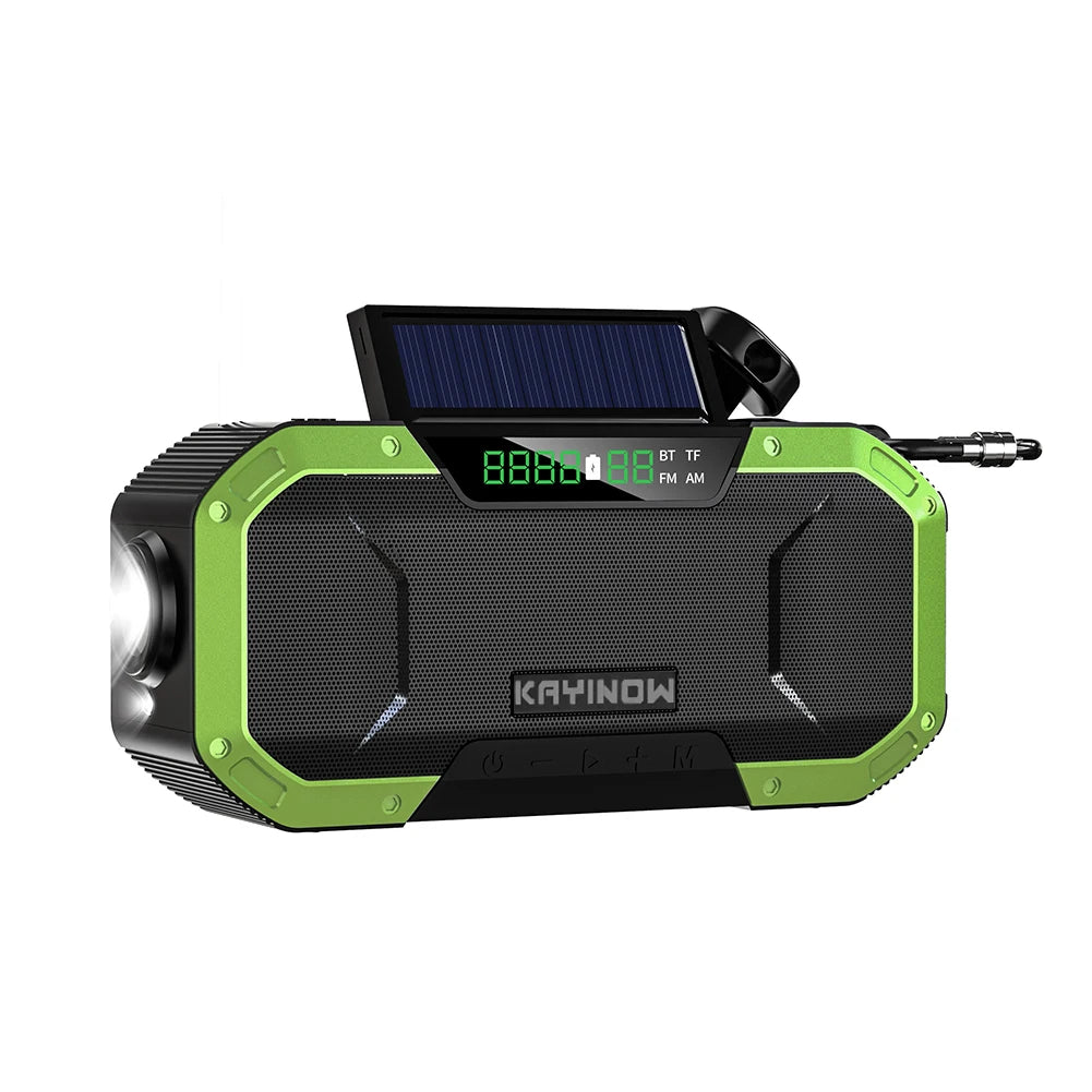 Radio d'urgence à manivelle à énergie solaire AM/FM Radio d'extérieur étanche IPX5 Lampe de poche LED Chargeur de banque d'alimentation 5000 mAh