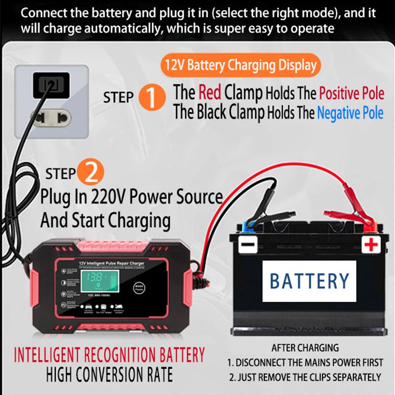 Chargeur de batterie de voiture 12V 6A Réparation d'impulsions Affichage LCD