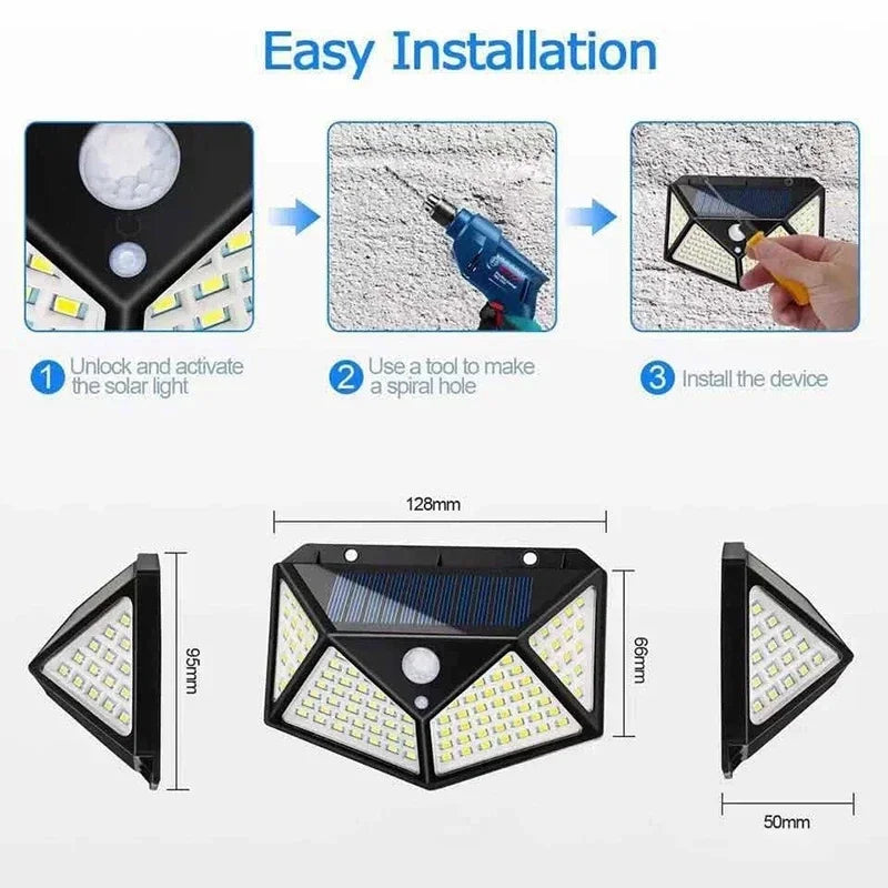 Applique murale solaire étanche à 100 LED 4 côtés lumineuse avec détecteur de mouvement