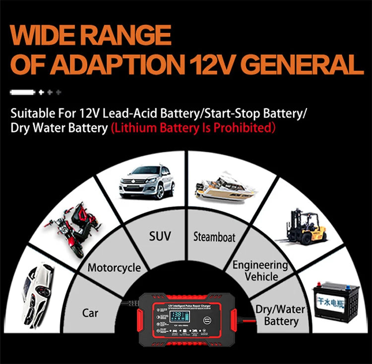 Chargeur de batterie de voiture 12V 6A Réparation d'impulsions Affichage LCD