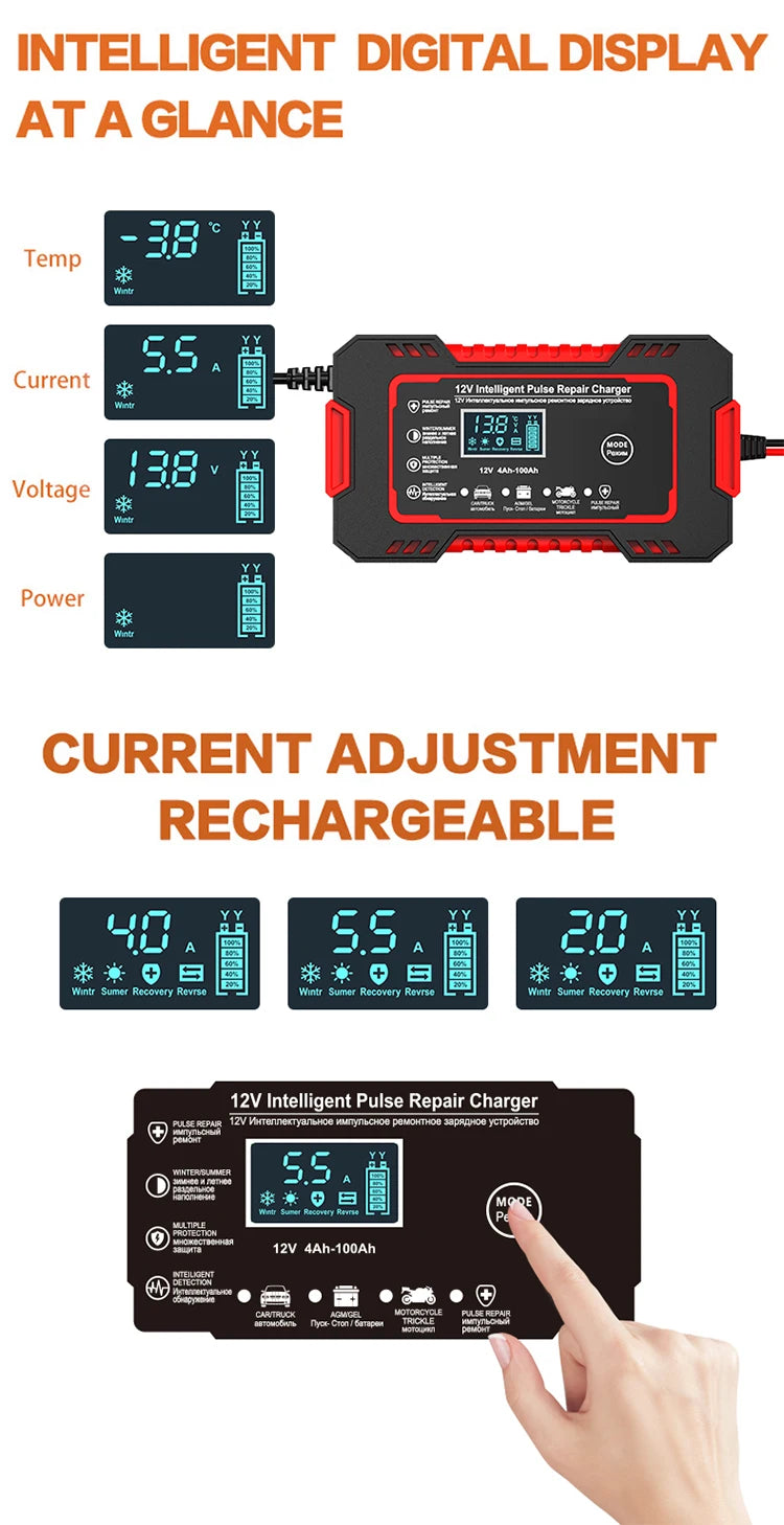 Chargeur de batterie de voiture 12V 6A Réparation d'impulsions Affichage LCD