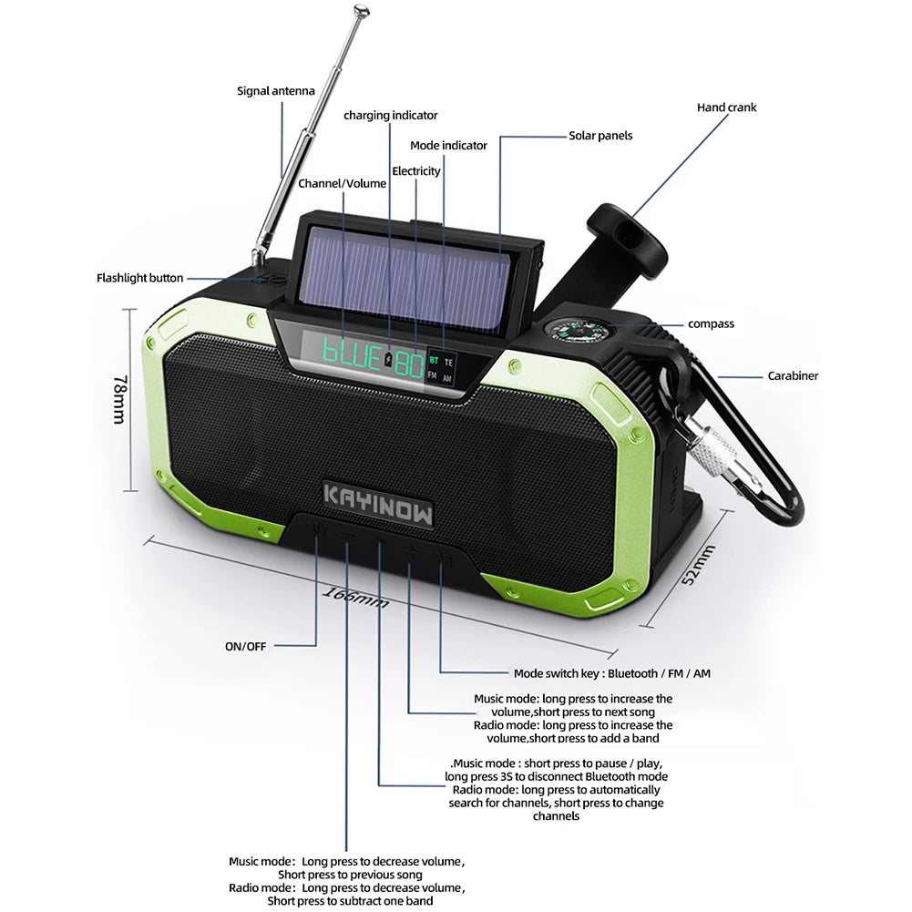 Radio d'urgence à manivelle à énergie solaire AM/FM Radio d'extérieur étanche IPX5 Lampe de poche LED Chargeur de banque d'alimentation 5000 mAh