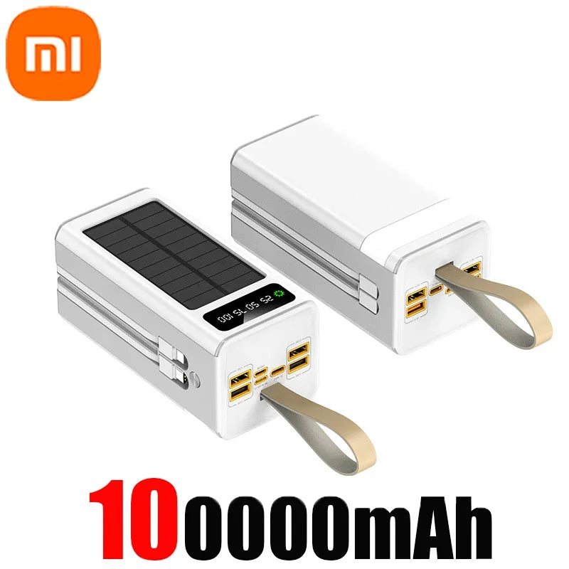 Xiaomi 100000mA Banque d'alimentation solaire Câbles intégrés haute capacité Batterie externe Lumière LED Banque d'alimentation pour iPhone Samsung 2024