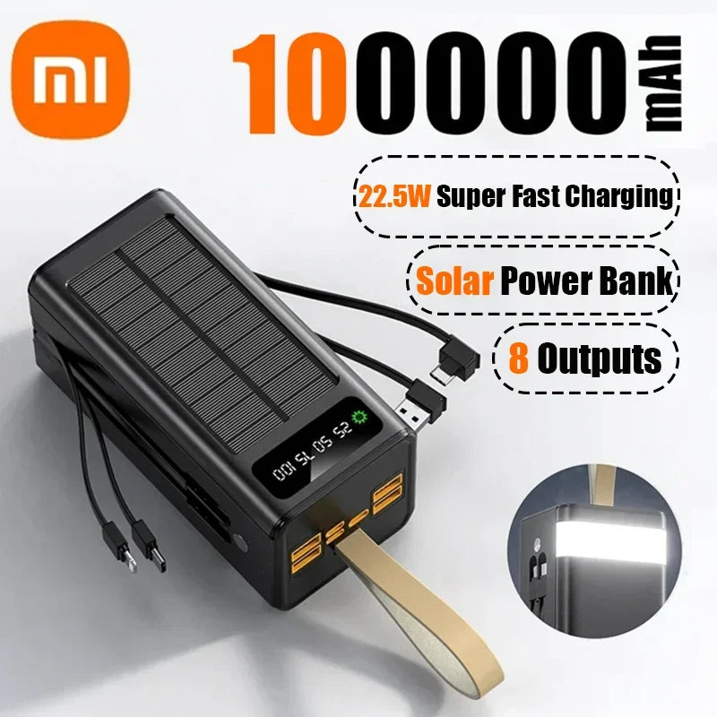 Xiaomi 100000mA Banque d'alimentation solaire Câbles intégrés haute capacité Batterie externe Lumière LED Banque d'alimentation pour iPhone Samsung 2024