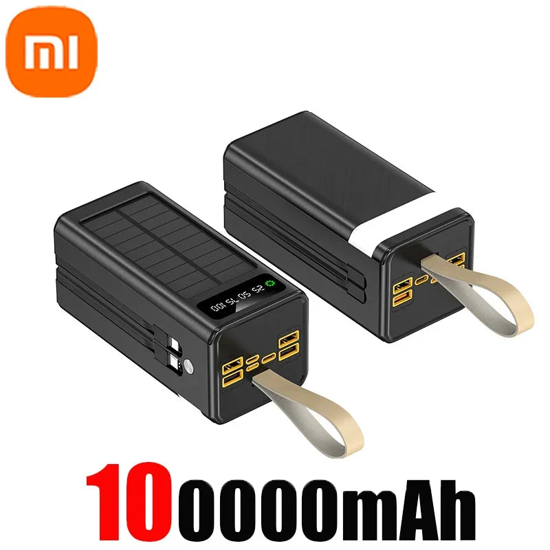 Xiaomi 100000mA Banque d'alimentation solaire Câbles intégrés haute capacité Batterie externe Lumière LED Banque d'alimentation pour iPhone Samsung 2024