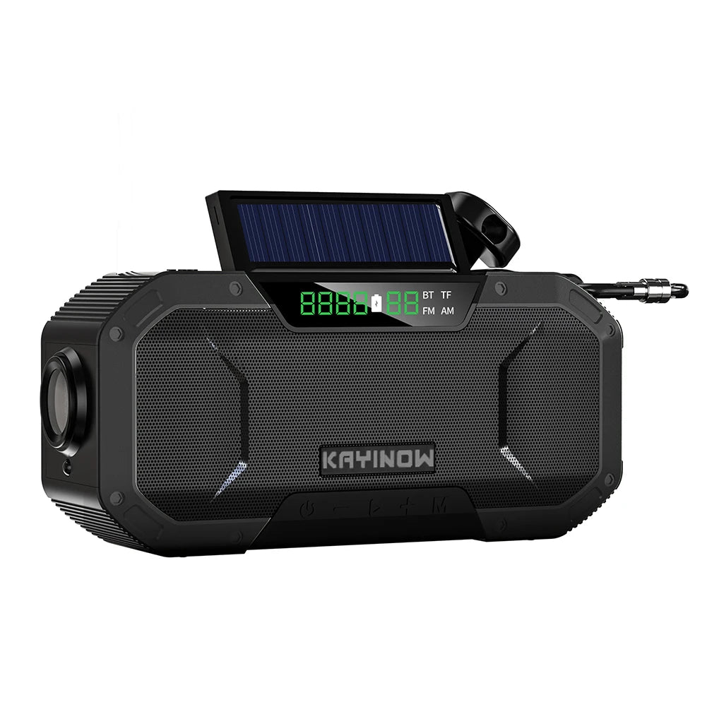 Radio d'urgence à manivelle à énergie solaire AM/FM Radio d'extérieur étanche IPX5 Lampe de poche LED Chargeur de banque d'alimentation 5000 mAh