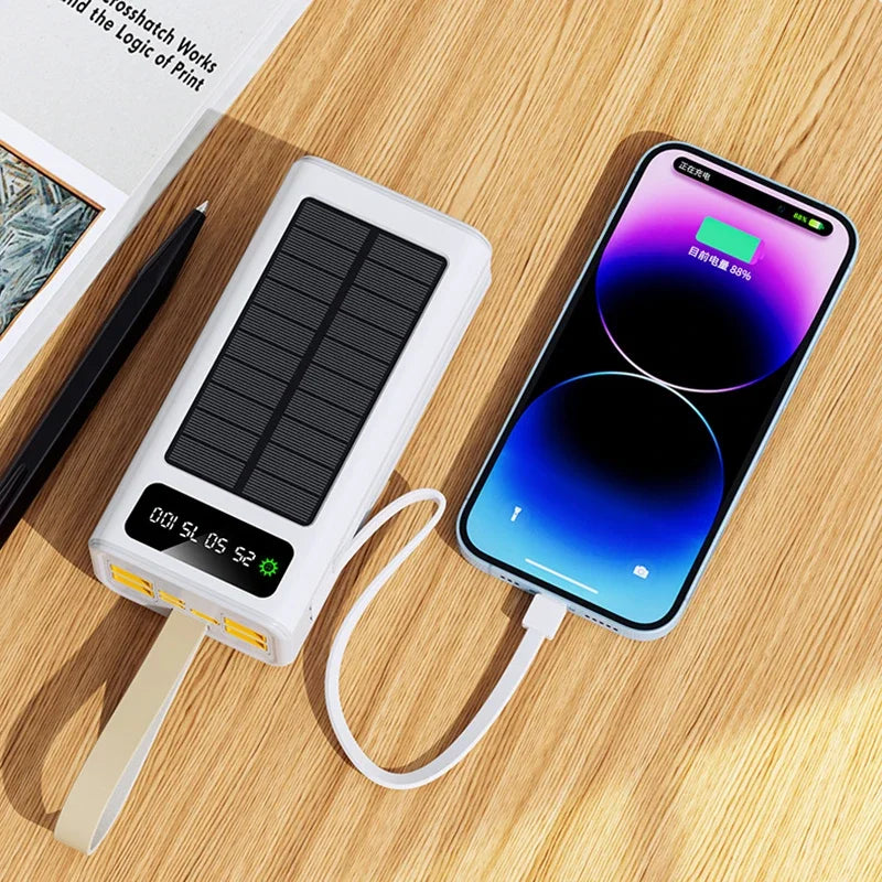 Xiaomi 100000mA Banque d'alimentation solaire Câbles intégrés haute capacité Batterie externe Lumière LED Banque d'alimentation pour iPhone Samsung 2024