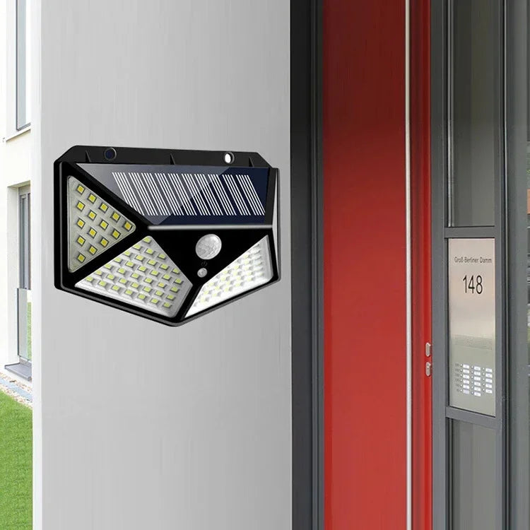 Applique murale solaire étanche à 100 LED 4 côtés lumineuse avec détecteur de mouvement