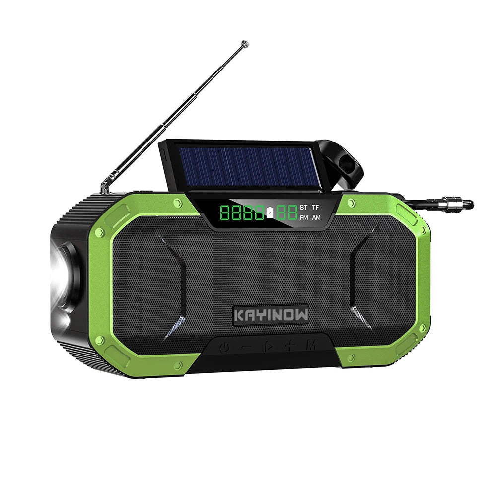 Radio d'urgence à manivelle à énergie solaire AM/FM Radio d'extérieur étanche IPX5 Lampe de poche LED Chargeur de banque d'alimentation 5000 mAh