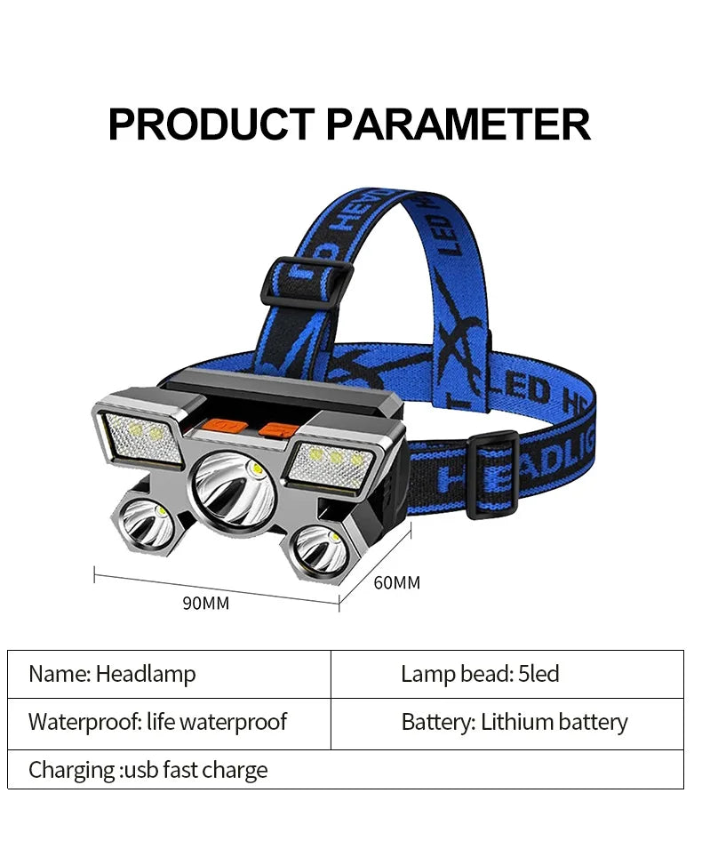 Lampe frontale rechargeable 5 LED